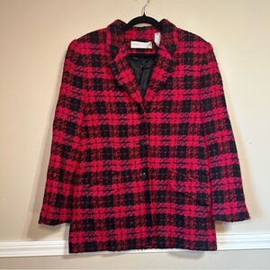 Valerie Stevens Women’s Fuchsia Red Black 100% New Wool Plaid Tweed Blazer Sz. 8
